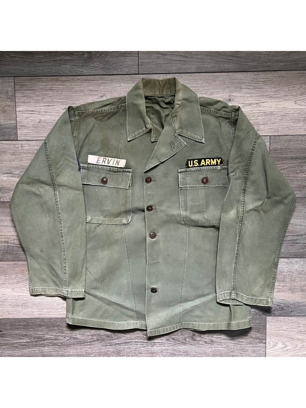 Vintage U.S. Army OG-107 Green Military Shirt Jacket Mens M Button Front Patches